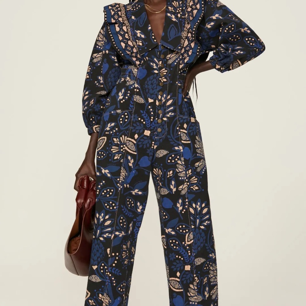 New Farm Rio Floral Ruffle-Neck Jumpsuit - Blue & Tan Large